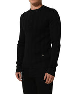 Black Silk Blend Henley Pullover Men Sweater