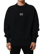 Black Logo Plaque Cotton Crew Neck Pullover Sweater