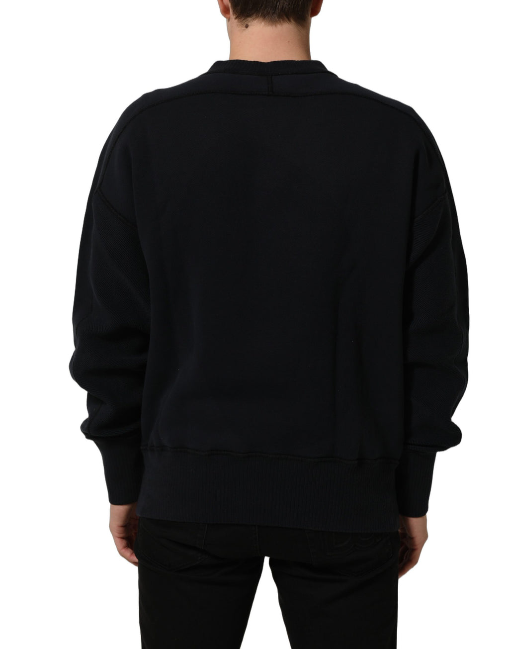 Black Logo Plaque Cotton Crew Neck Pullover Sweater