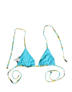 Blue Floral Print Nylon Halter Bikini Top Swimwear