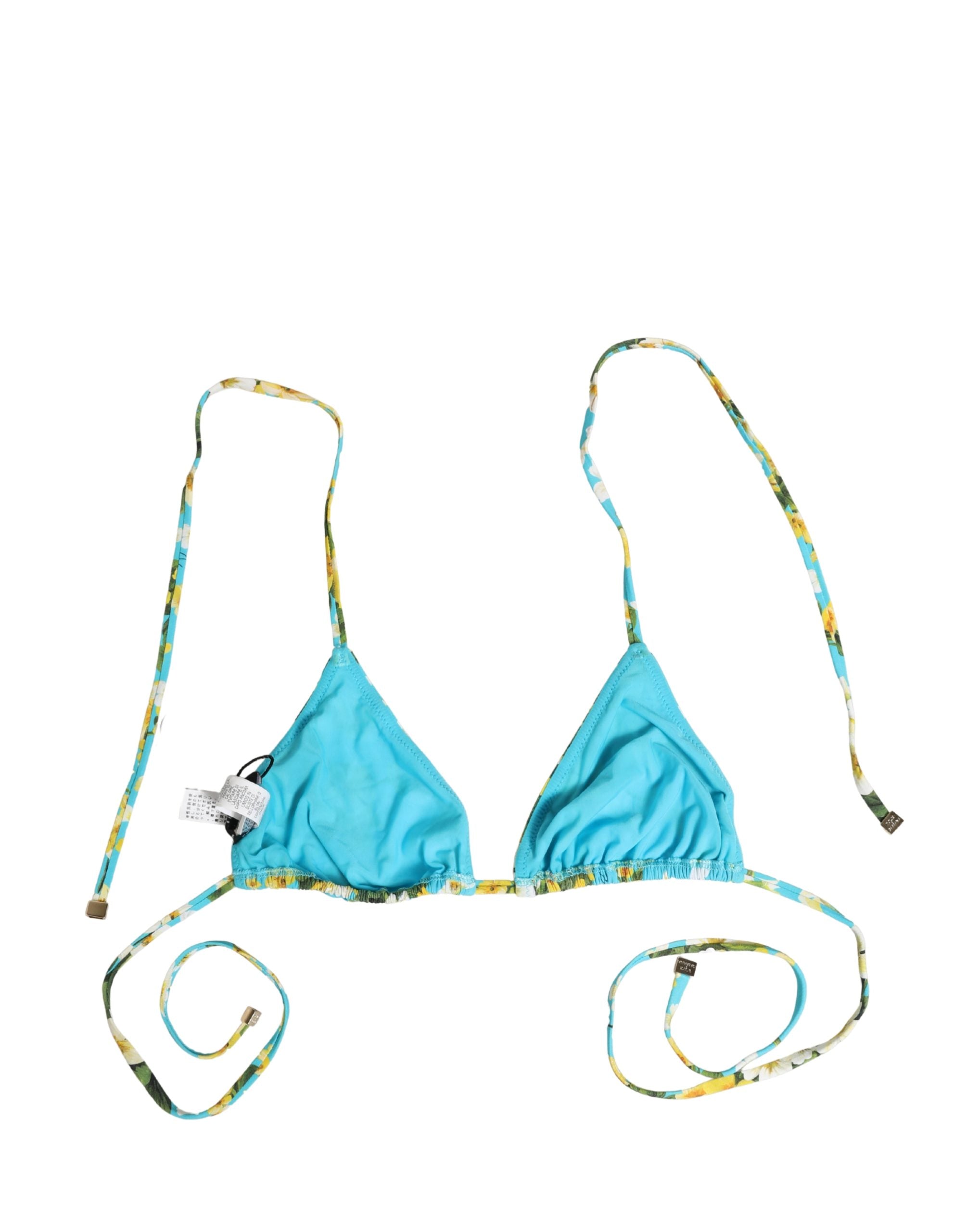 Blue Floral Print Nylon Halter Bikini Top Swimwear