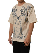 Beige Cotton Graphic Print Crew Neck  T-shirt