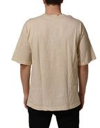 Beige Cotton Graphic Print Crew Neck T-shirt
