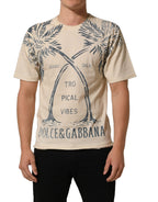 Beige Cotton Graphic Print Crew Neck T-shirt