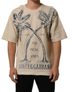 Beige Cotton Graphic Print Crew Neck T-shirt