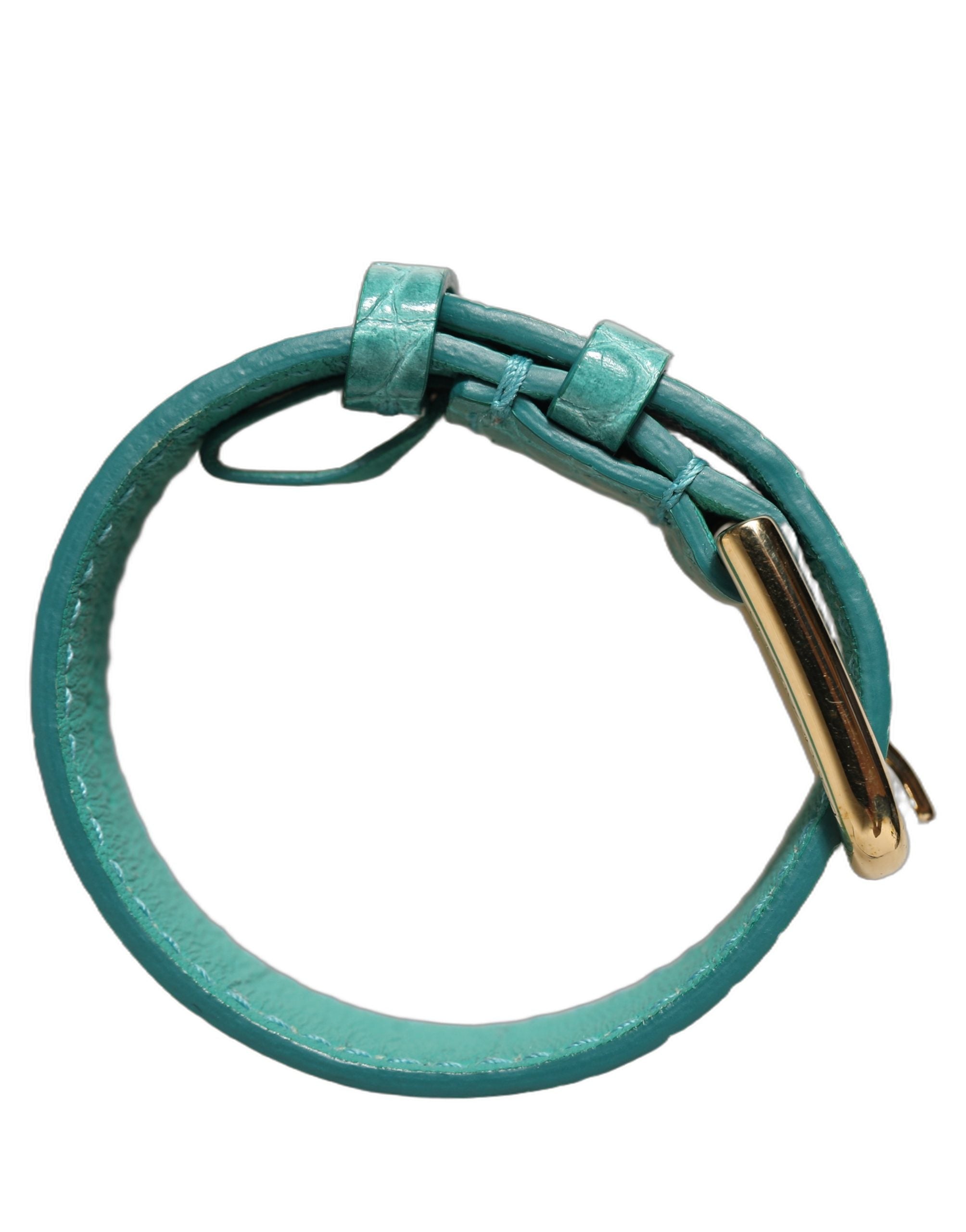 Blue Embossed Leather Gold Buckle Belt Strap Bracelet