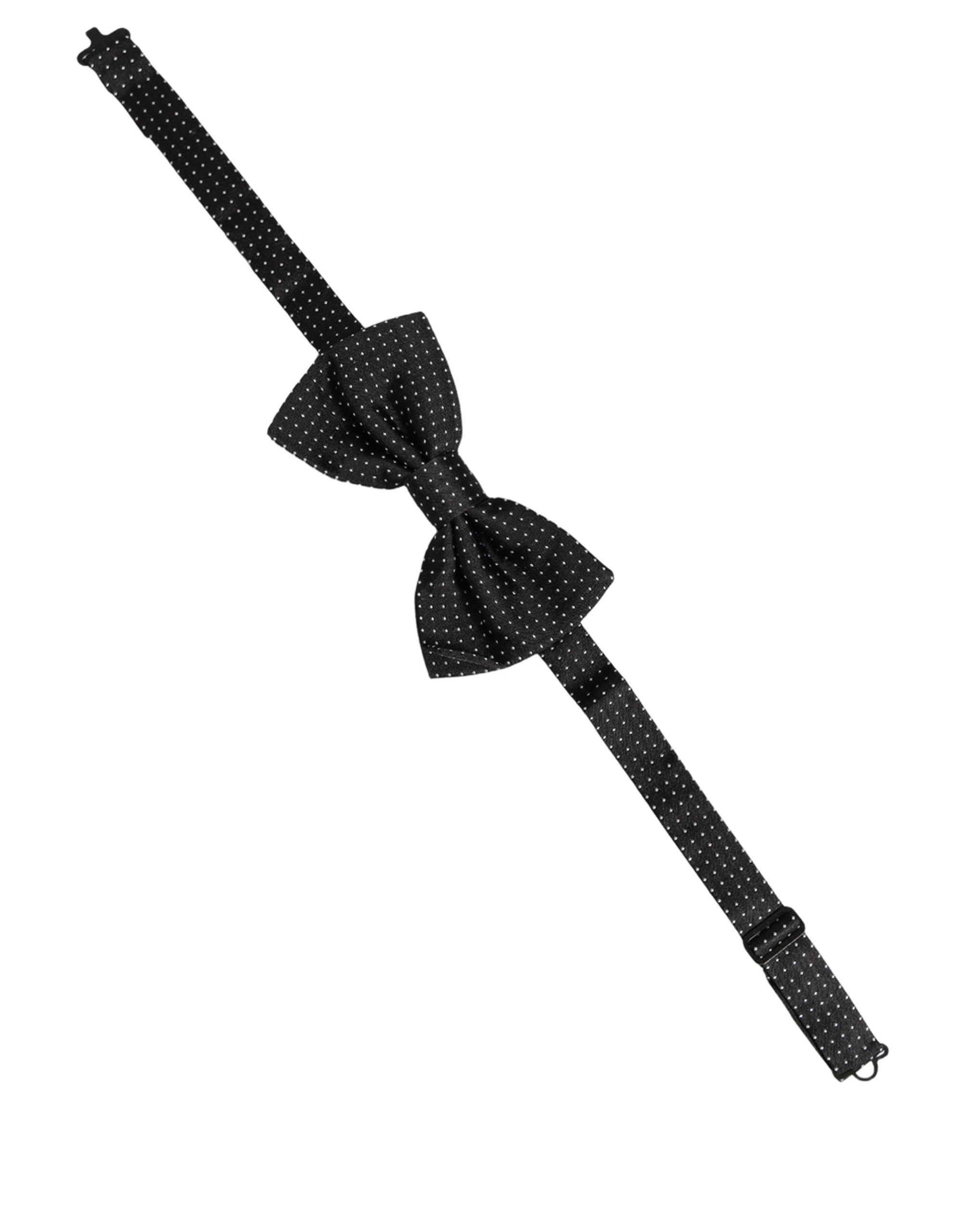 Men Black Polka Dot Silk Adjustable Neck Papillon Bow Tie