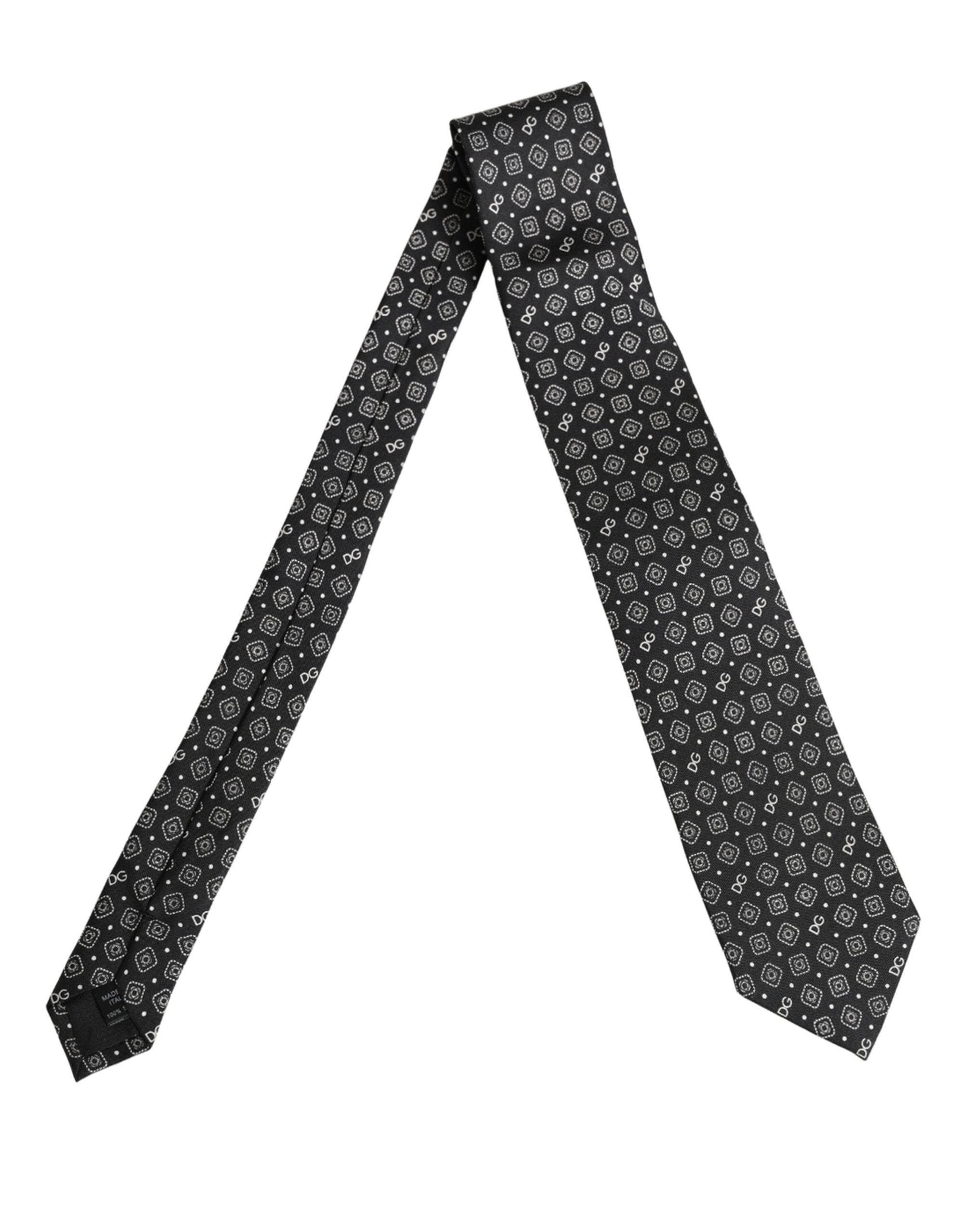 Men Black DG Logo 100% Silk Adjustable Tied Necktie Tie