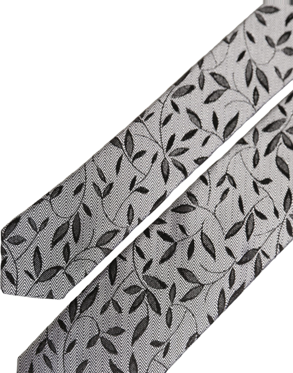 Men Gray Leaf Pattern Silk Adjustable Tied Necktie Tie