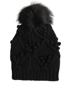 Black Cashmere Knitted Fur Pom-Pom Beanie One Size Hat
