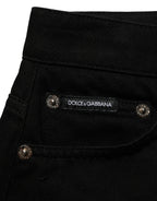 Black Cotton Mid Rise Denim Hot Pants Shorts