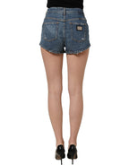 Blue Cotton High Rise Denim Hot Pants Shorts