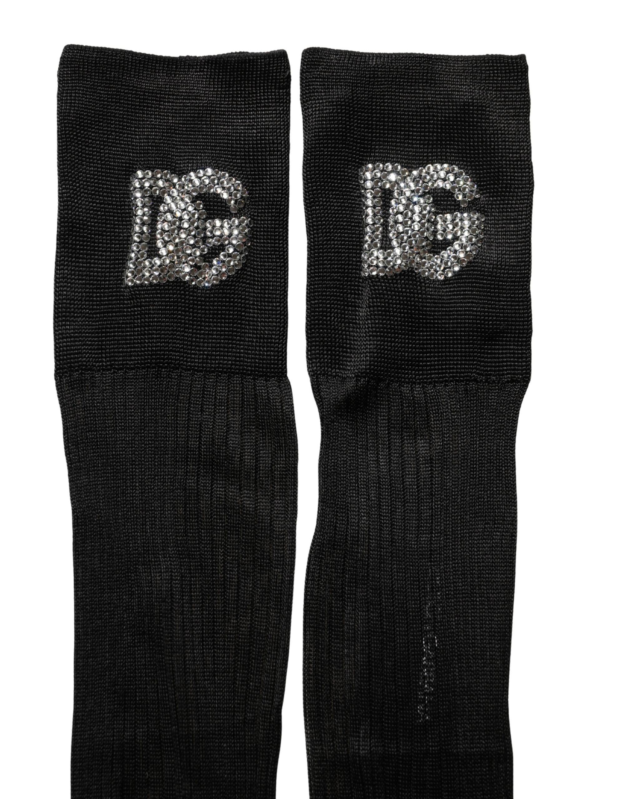 Black DG Logo Rhinestones Stretch Thigh High Socks