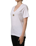 White Cotton Gold DG Logo V-Neck T-shirt