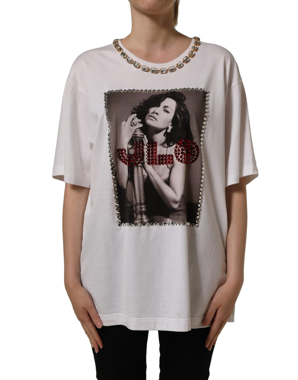 White Printed Jeweled Round Neck T-shirt