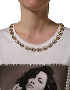 White Printed Jeweled Round Neck T-shirt
