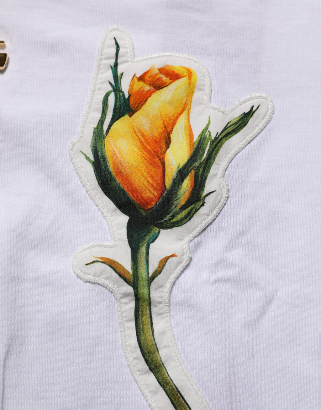 White Cotton Rose Patch Crew Neck T-shirt
