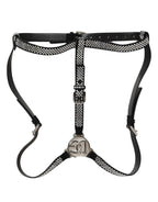 Black Leather Rhinestones Embellished Men Suspender