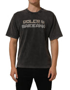 Gray Cotton Logo Stud Embellished T-shirt