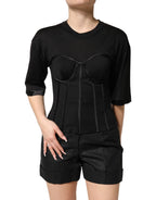 Black Cotton Short Sleeve Bustier T-shirt Top