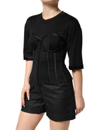 Black Cotton Short Sleeve Bustier T-shirt Top