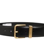 Black Leather Gold Logo Engraved Buckle Belt