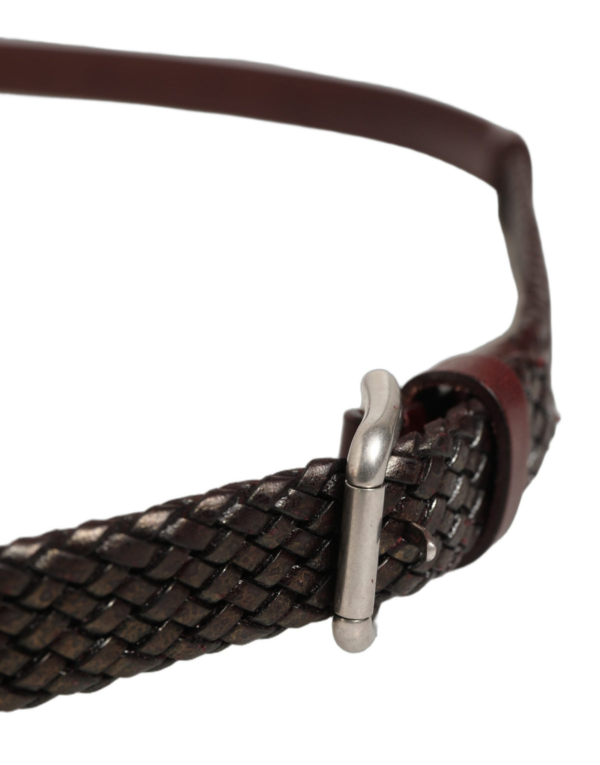 Dark Brown Woven Leather Metal Buckle Belt