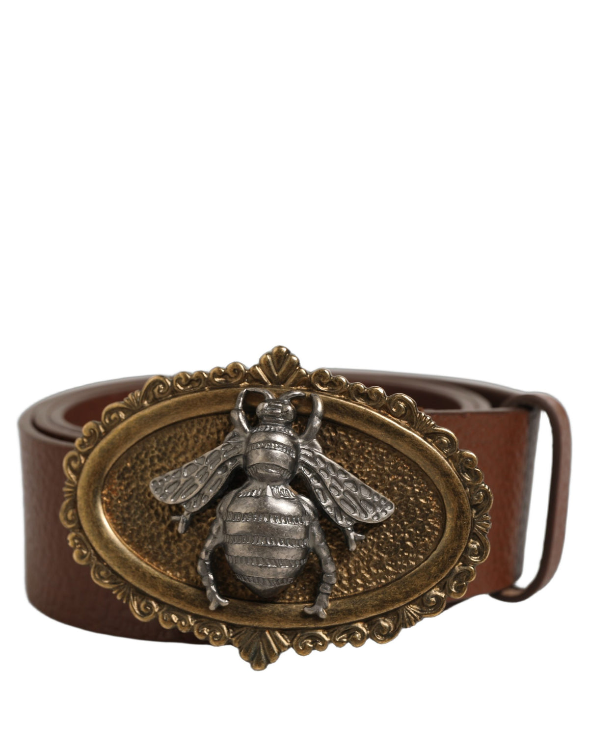 Brown Leather Bee Accent Metal Buckle Belt