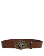 Brown Leather Bee Accent Metal Buckle Belt