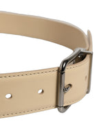 Beige Leather Silver Tone Metal Buckle Belt