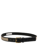 Beige Black Woven Leather Metal Buckle Belt