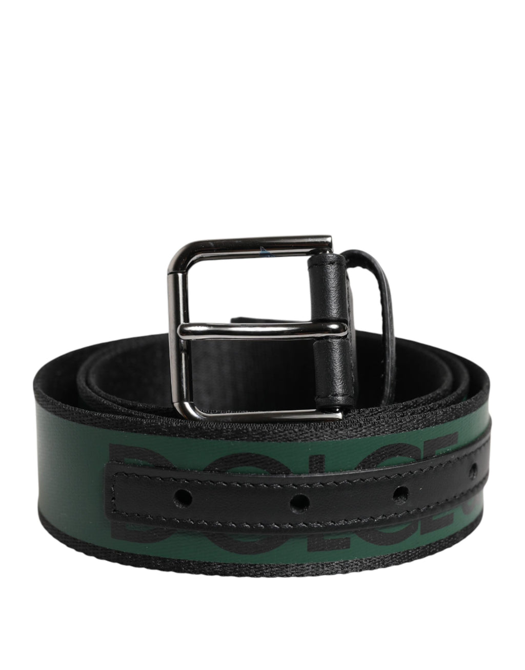 Black Green Logo Silver Tone Metal Buckle Belt