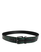 Black Green Logo Silver Tone Metal Buckle Belt