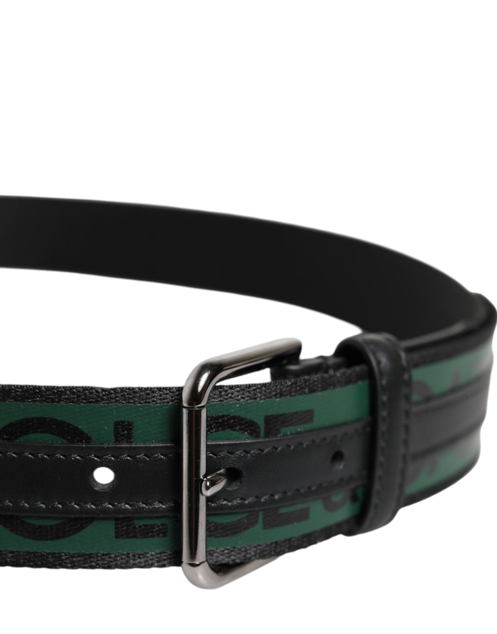 Black Green Logo Silver Tone Metal Buckle Belt