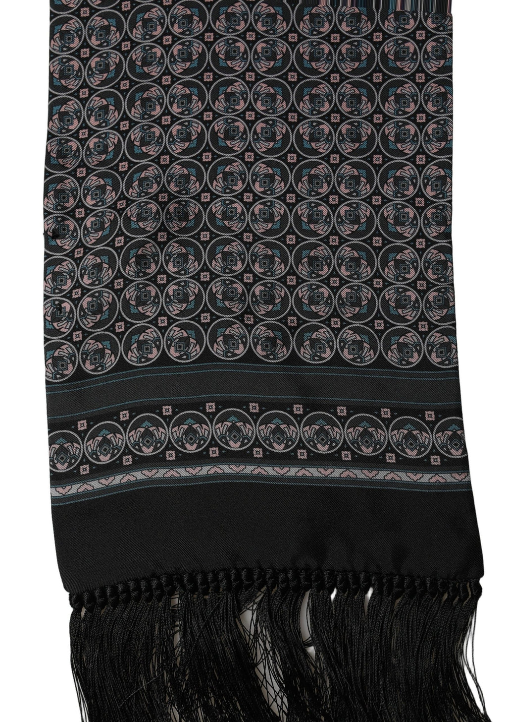 Black Silk Geometric Fringed Neck Shawl Scarf