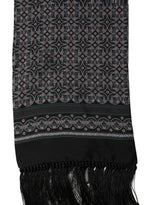 Black Silk Geometric Fringed Neck Shawl Scarf