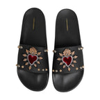 Black Heart Patch Rubber Calfskin Slippers Shoes