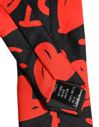 Black Silk Red Graphic Hearts Adjustable Tied Necktie Tie