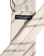 Men Off White Silk Stripes Adjustable Tied Necktie Tie