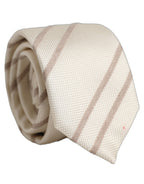 Men Off White Silk Stripes Adjustable Tied Necktie Tie
