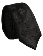Men Black Crown Pattern Silk Adjustable Tied Necktie Tie
