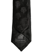 Men Black Crown Pattern Silk Adjustable Tied Necktie Tie