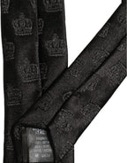 Men Black Crown Pattern Silk Adjustable Tied Necktie Tie