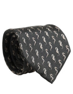 Men Black Seahorse Silk Adjustable Tied Necktie Tie