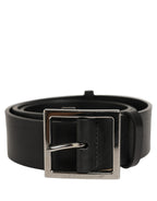 Black Leather Silver Tone Square Buckle Belt