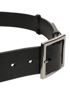 Black Leather Silver Tone Square Buckle Belt