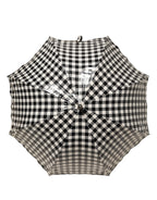 Black White Gingham Check Cotton Long Handle Umbrella