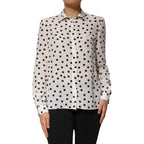 White Black Dotted Silk Long Sleeves Top
