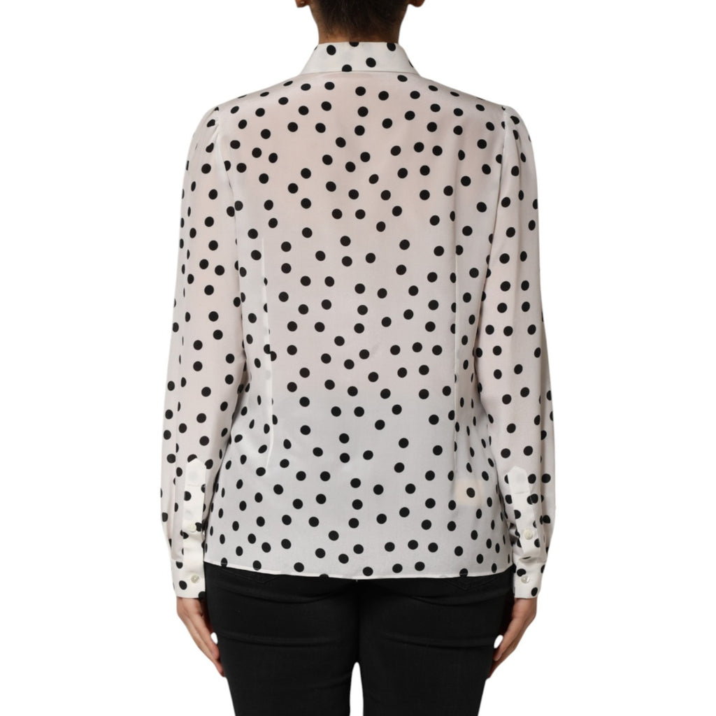 White Black Dotted Silk Long Sleeves Top