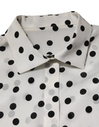 White Black Dotted Silk Long Sleeves Top